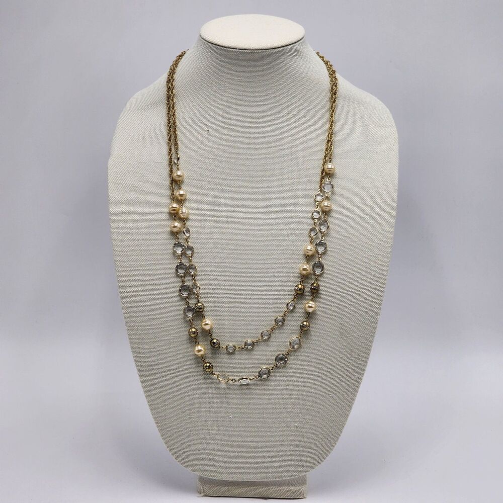 Ann Taylor Long Layered Pearl Clear Bead Gold Chain Necklace
